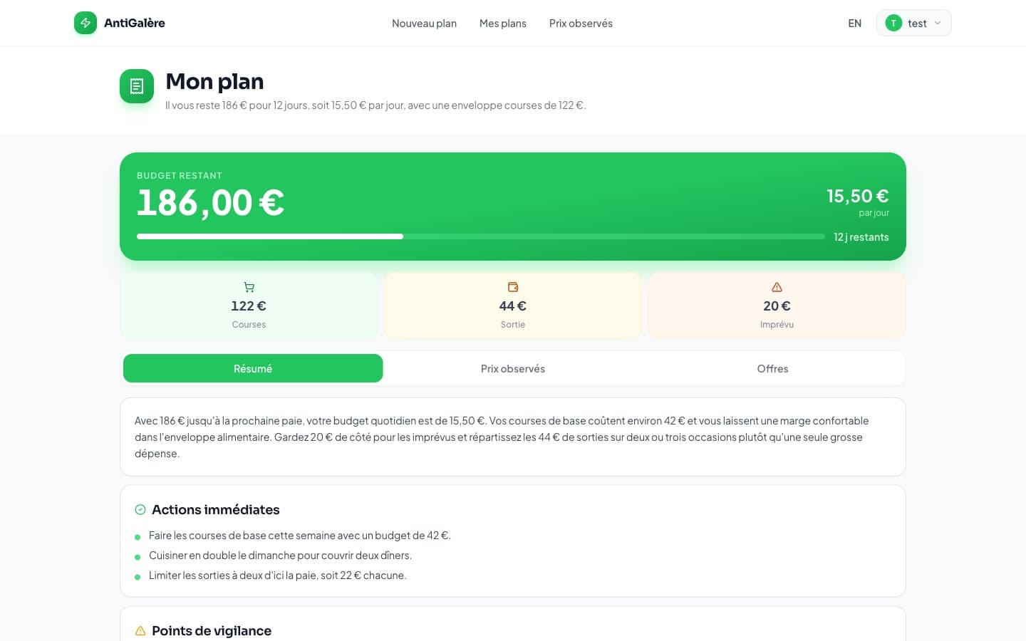 Aperçu de AntiGalère — plan de fin de mois fondé sur des prix relevés