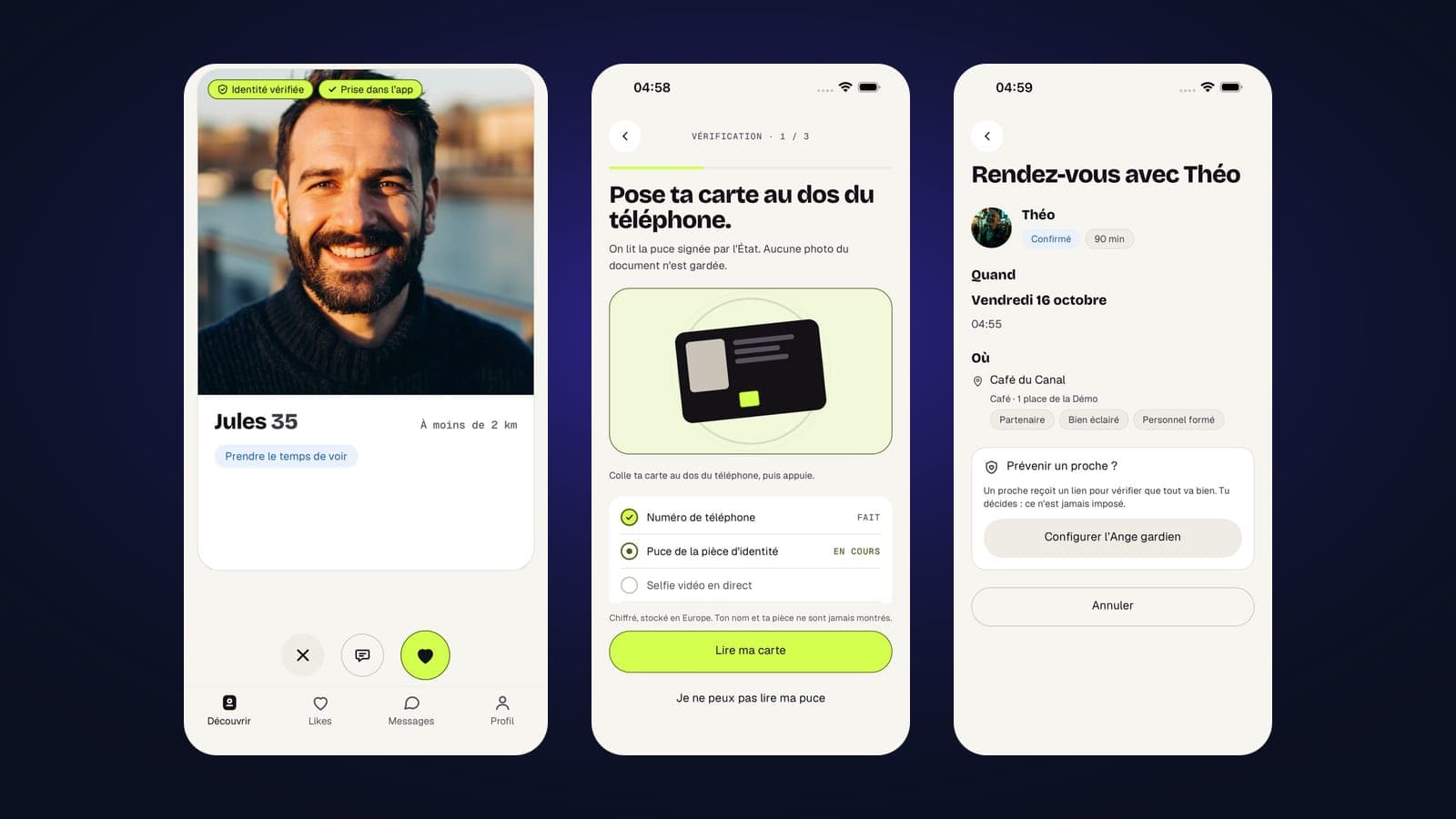Aperçu de Cajou — la rencontre où chaque profil est vérifié par la puce d'identité