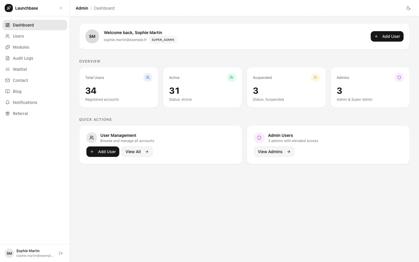 Aperçu de Launchbase — template monorepo de production pour SaaS