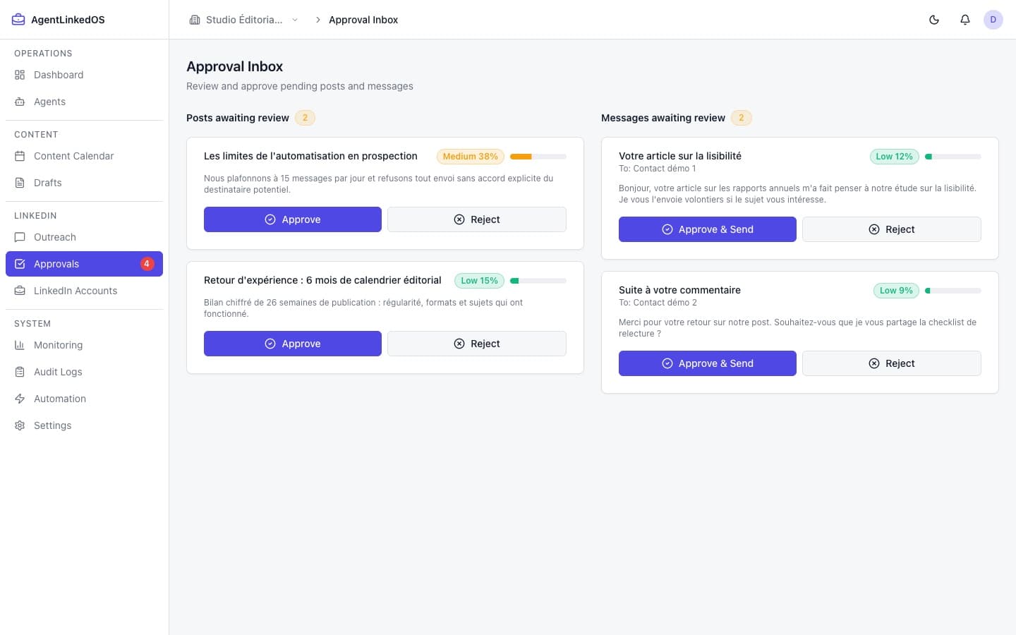 Aperçu de AgentLinkedOS — agents IA pour les opérations LinkedIn, conformes par conception