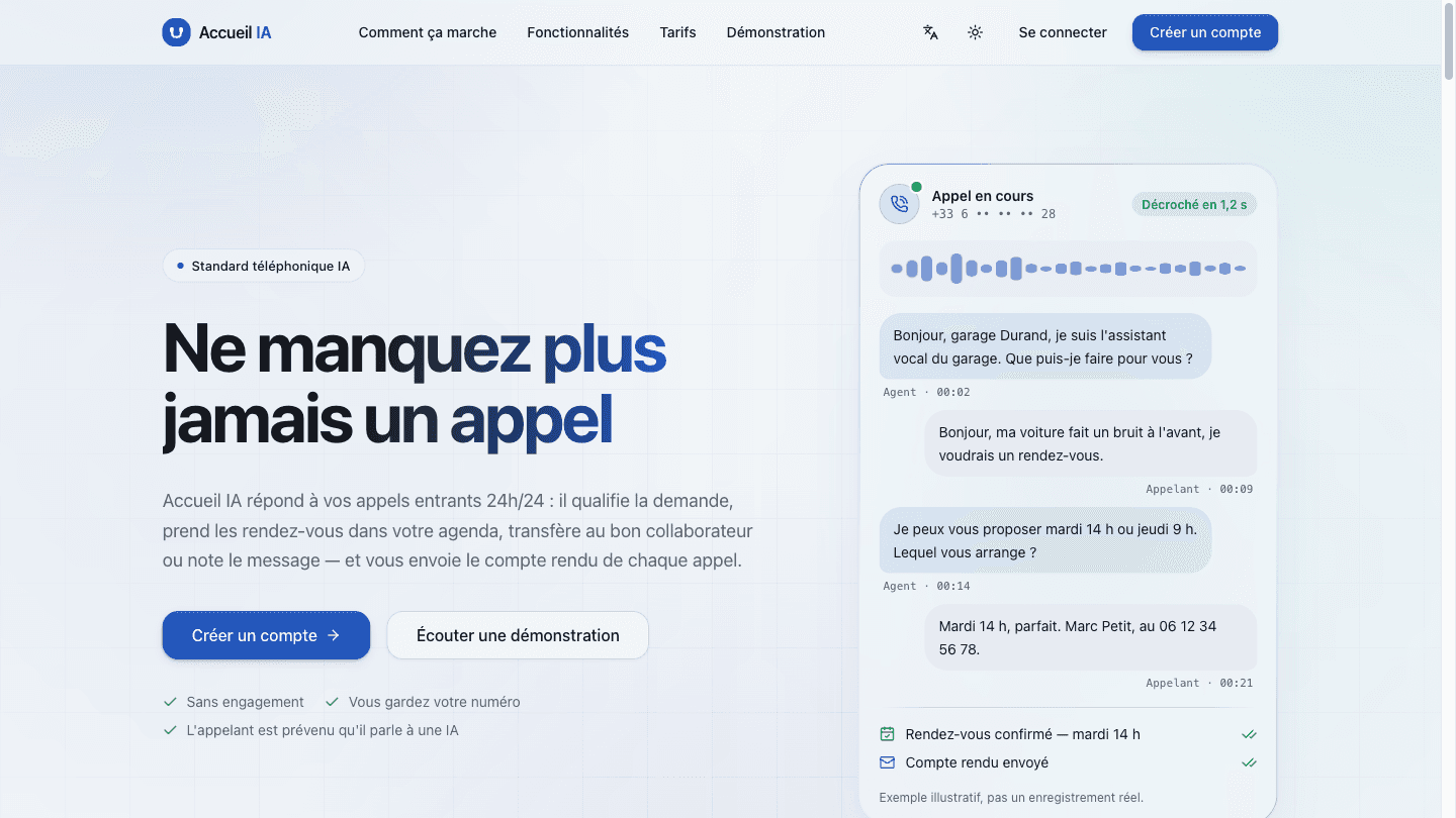 Aperçu de Accueil IA — standard téléphonique intelligent