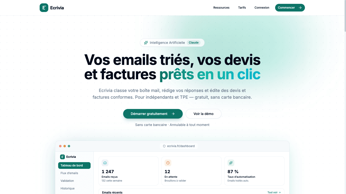 Aperçu de Ecrivia — assistant email IA pour indépendants et TPE