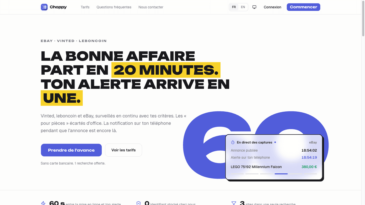 Aperçu de Choppy — alertes Vinted, leboncoin & eBay en temps réel