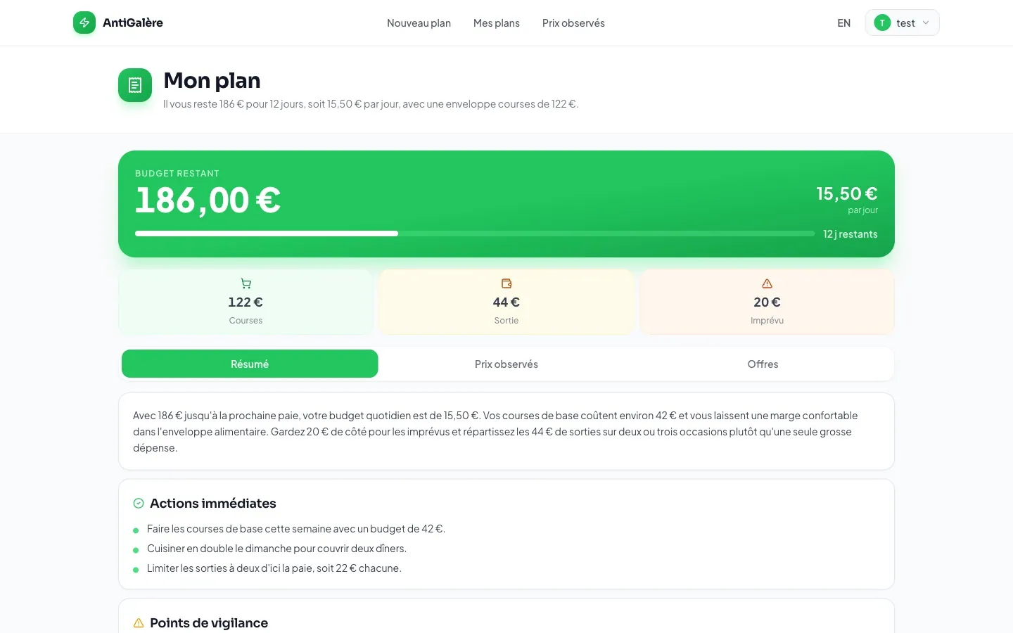 AntiGalère — Plan avec budget restant et enveloppes