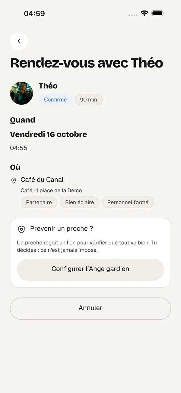Cajou — rendez-vous confirmé dans un lieu partenaire, avec l'Ange gardien