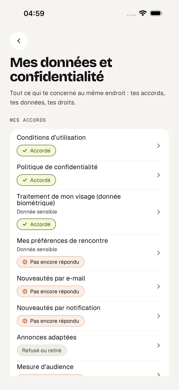 Cajou — mes données et confidentialité : chaque consentement visible et retirable