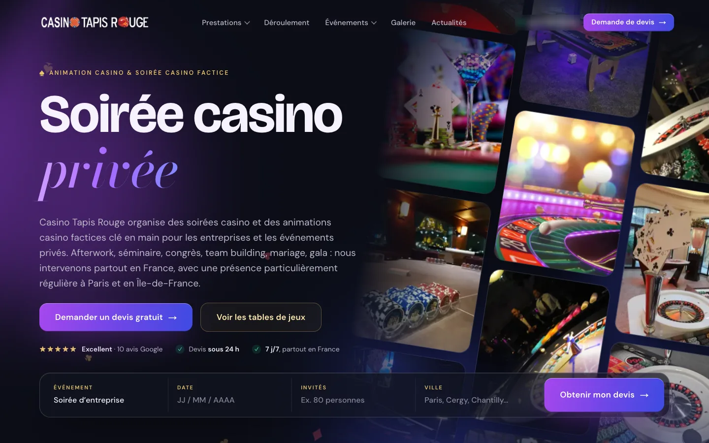 Casino Tapis Rouge — Page d'accueil avec mur de photos et formulaire de devis express