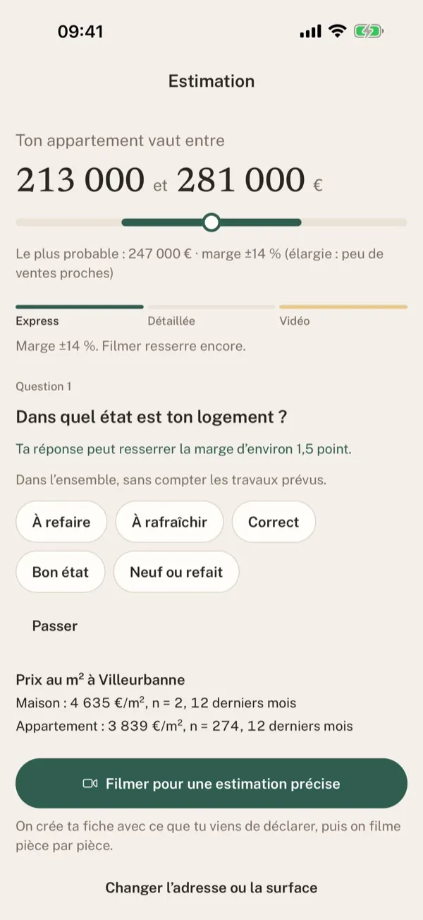 Estime Maison — estimation sans compte avec sa fourchette et sa marge