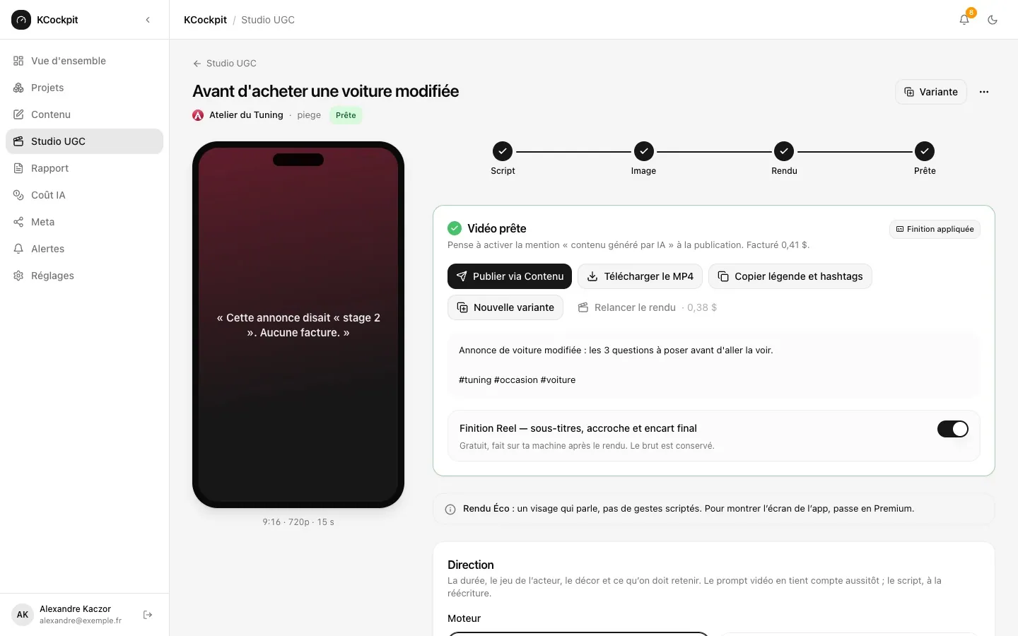 KCockpit — Studio UGC : vidéo prête et étapes de production