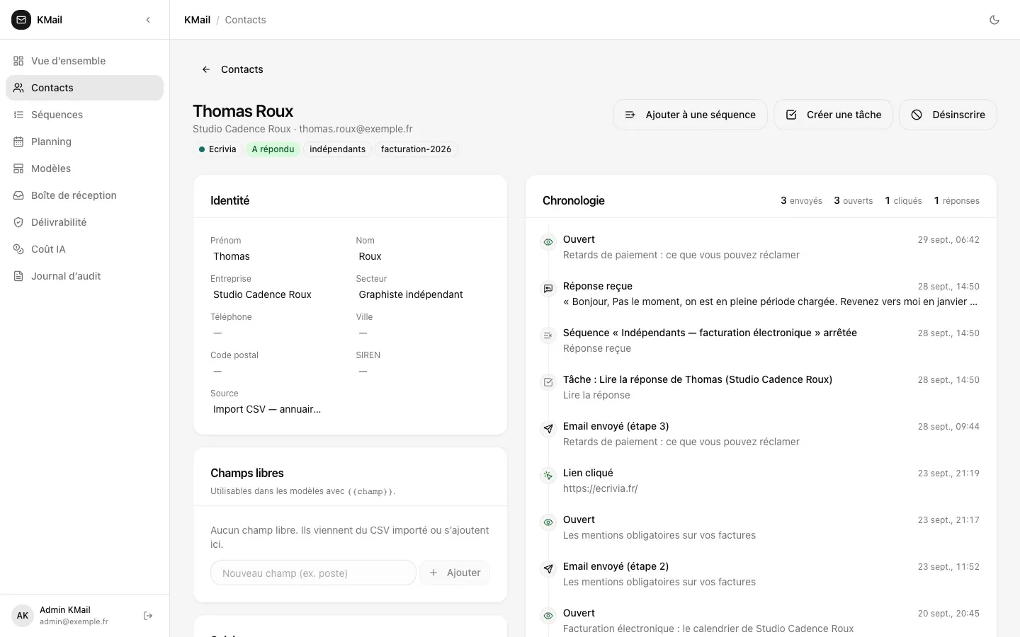 KMail — Fiche contact et chronologie des envois