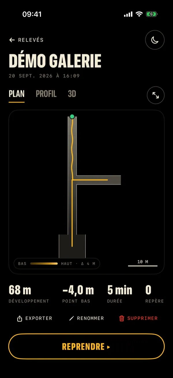 Lidark — plan 2D d'un relevé avec le trajet parcouru