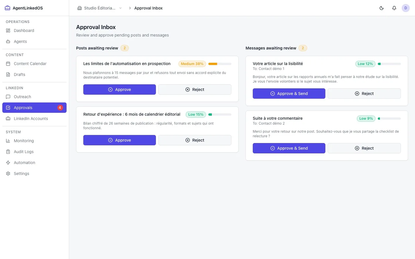 AgentLinkedOS — Boîte d'approbation des posts et messages