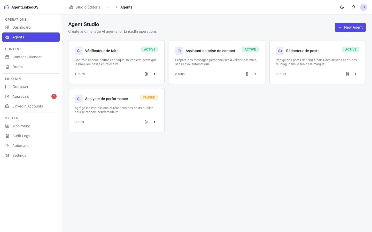 AgentLinkedOS — Studio d'agents IA actifs et en pause