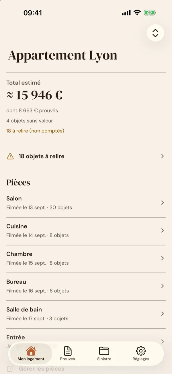 Recense — logement avec total estimé et pièces filmées