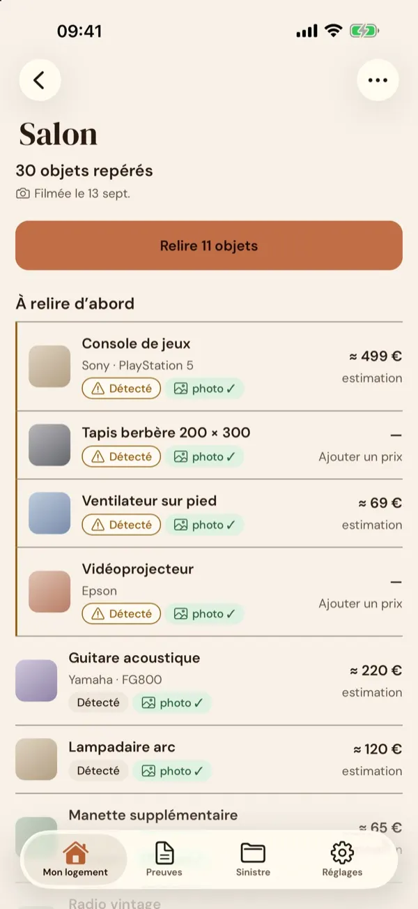 Recense — objets repérés dans une pièce avec leur statut de preuve