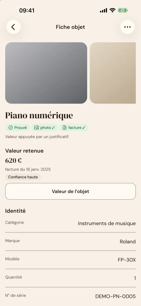 Recense — fiche d'un objet prouvé par une facture