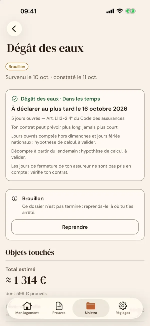 Recense — dossier de sinistre avec délai de déclaration calculé