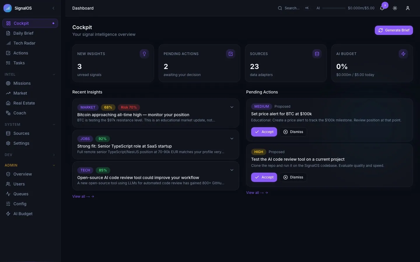 SignalOS — Cockpit avec signaux récents et actions proposées