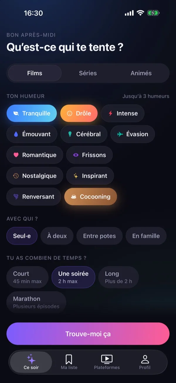 Soirama — choix de l'humeur, de la compagnie et du temps