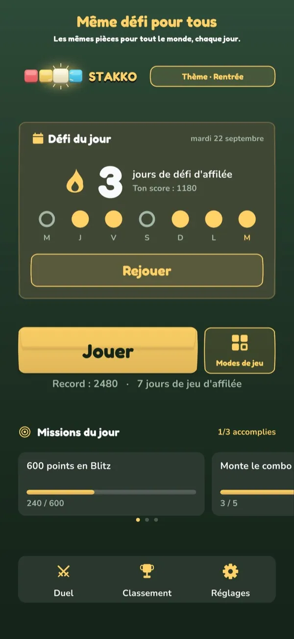 Stakko — accueil avec le défi du jour